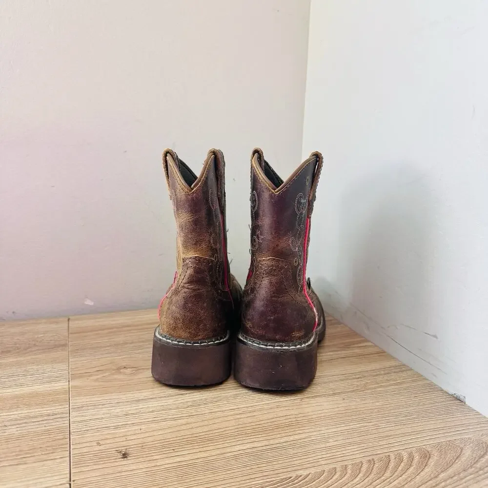 Justin Glitzi Light Up Round Toe Brown Leather Western Boots Girls Size 1
